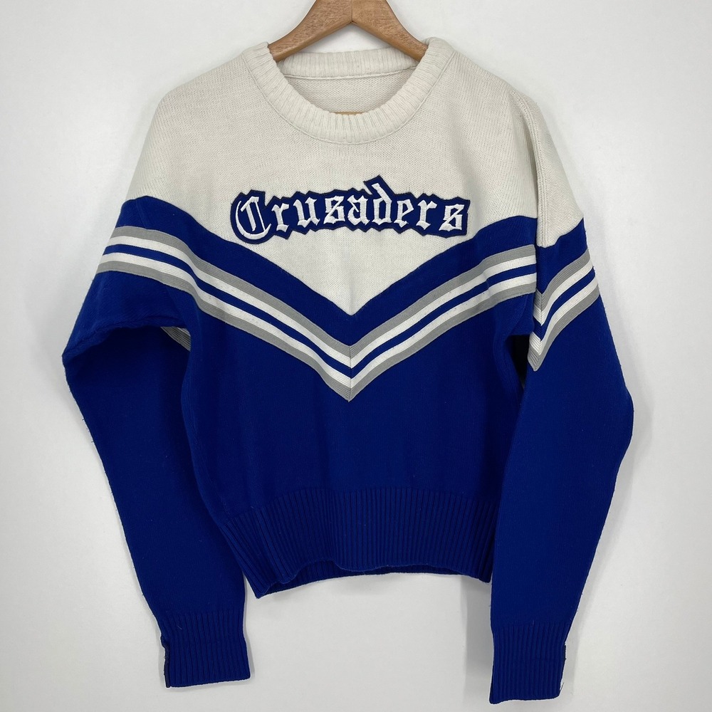 Vintage Crusaders Cheerleader Sweater Blue White Chevron Knit Size M Made in USA